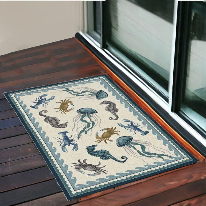 2' X 3' Hand Hooked UV Treated Bordered Coastal Sea Life Indoor / Outdoor Accent Rug - Ivory Teal