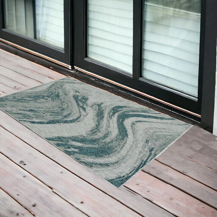 3' X 5' Machine Woven UV Treated Abstract Waves Indoor / Outdoor Area Rug - Gray Teal