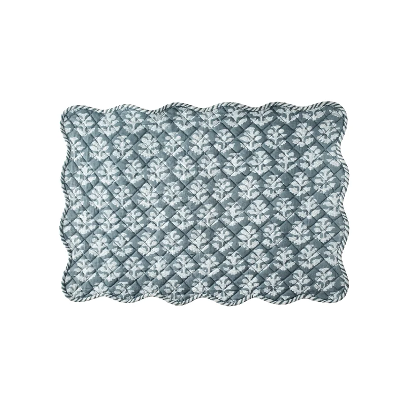 BLOCK PRINT PLACEMAT, GREY LEAF FLORAL WITH SCALLOP TRIM