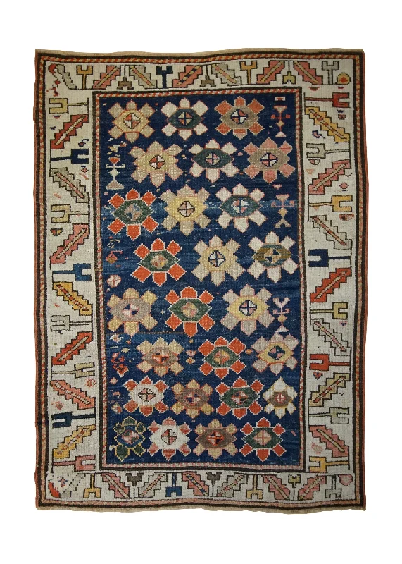 Caucasian Rug Kazak Handmade Area Tribal Antique 3'7"x6'3" (4x6) Blue Yellow/Gold Red Geometric Design #A33340