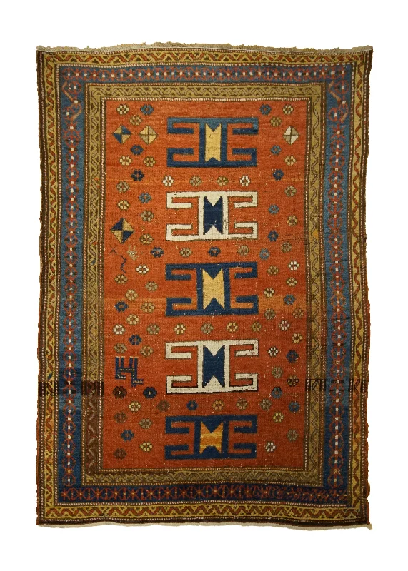 Caucasian Rug Kazak Handmade Area Tribal Antique 4'1"x5'9" (4x6) Red Blue Yellow/Gold Geometric Design #A33339