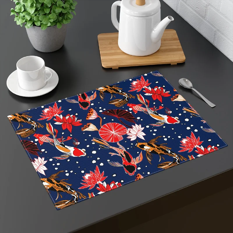 Decorative Cotton Place Mat with Koi Fish Pond Design (18" x 14")