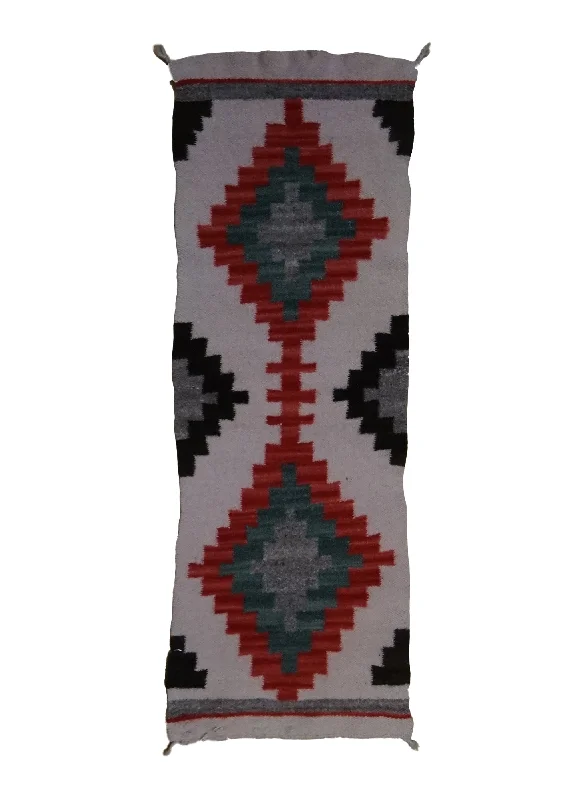 Native American Rug Navajo Handmade Area Antique 1'0"x3'1" (1x3) Whites/Beige Red Geometric Design #A33502