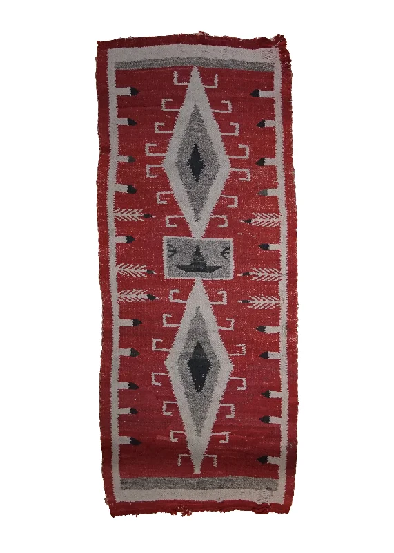 Native American Rug Navajo Handmade Area Antique 2'0"x4'8" (2x5) Red Whites/Beige Two Gray Hills Geometric Design #A33498