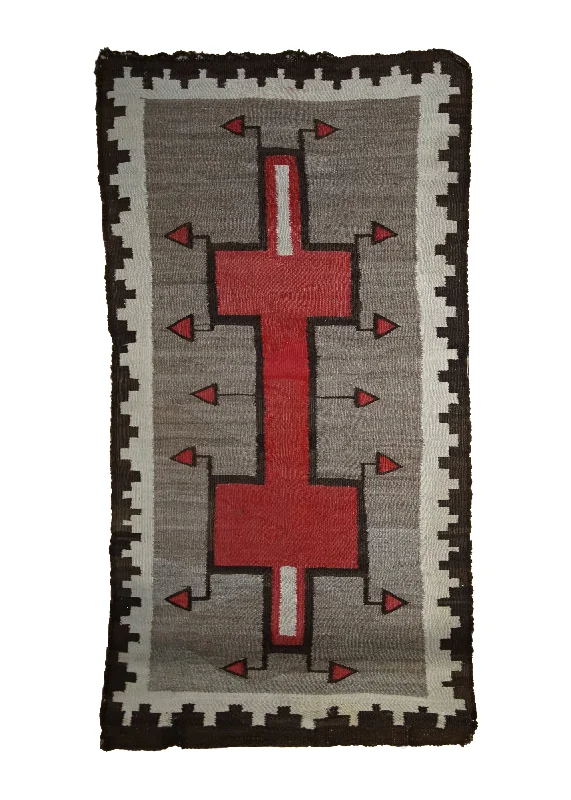 Native American Rug Navajo Handmade Area Antique 2'8"x5'0" (3x5) Gray Whites/Beige Red Storm Geometric Design #A33495