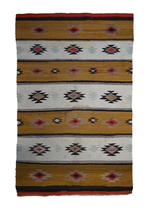 Native American Rug Navajo Handmade Area Antique 3'2"x5'0" (3x5) Multi-color Whites/Beige Yellow/Gold Chrystal Geometric Design #A33500