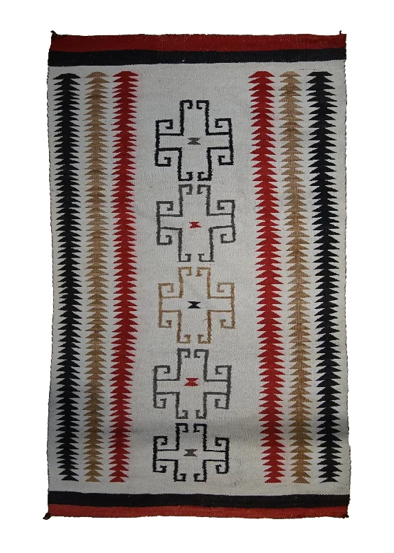 Native American Rug Navajo Handmade Area Antique 3'3"x5'3" (3x5) Whites/Beige Black Red Geometric Design #A33497