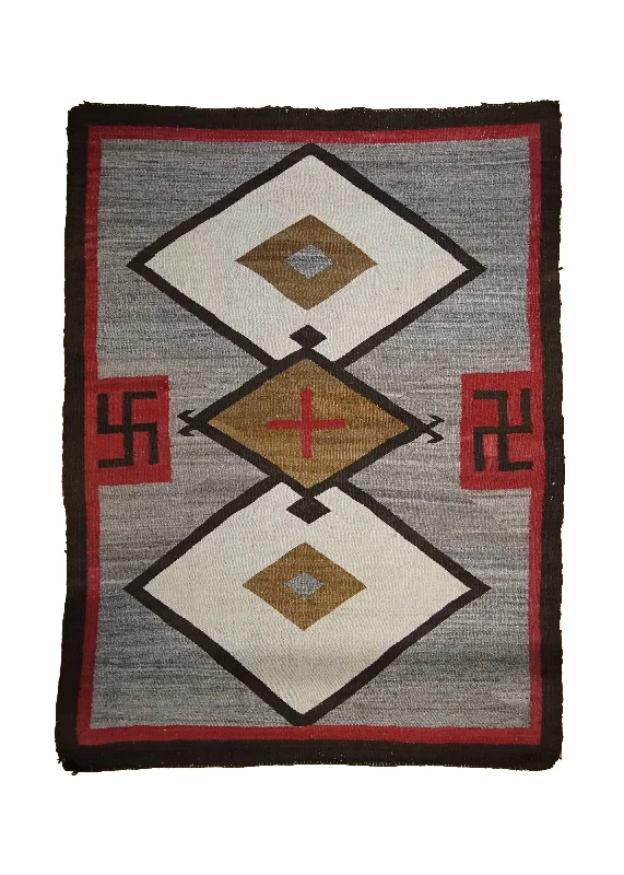 Native American Rug Navajo Handmade Area Antique 3'9"x5'2" (4x5) Gray Brown Red Geometric Design #A33496