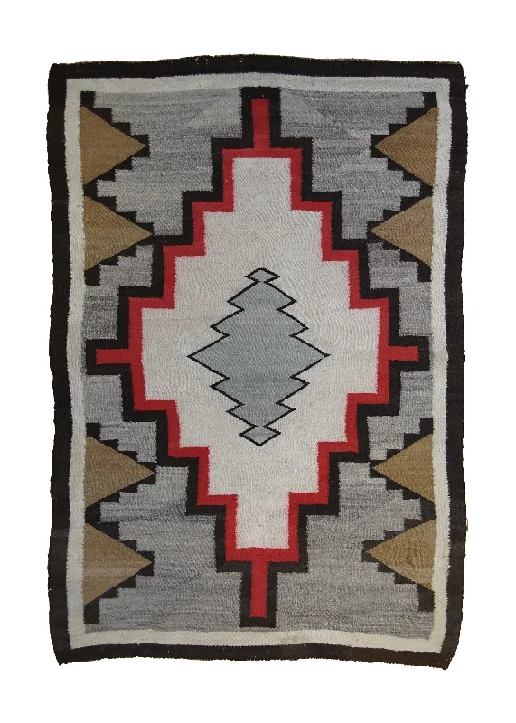 Native American Rug Navajo Handmade Area Antique 3'9"x5'0" (4x5) Gray Brown Red Two Gray Hills Geometric Design #A33503