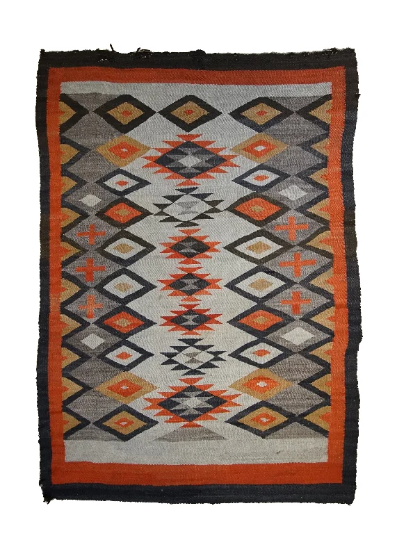 Native American Rug Navajo Handmade Area Antique 4'7"x6'4" (5x6) Whites/Beige Orange Geometric Design #A33504