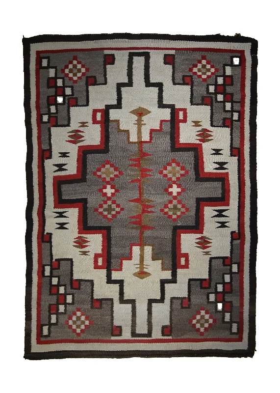 Native American Rug Navajo Handmade Area Tribal 3'8"x5'4" (4x5) Whites/Beige Brown Red Two Gray Hills Geometric Design #A33283