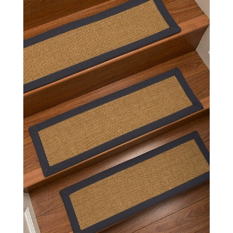 Natural Area Rugs 100% Natural Fiber Moda, Sisal Light Brown, Handmade Custom Stair Treads Carpet Set Of 4 Midnight Blue Border