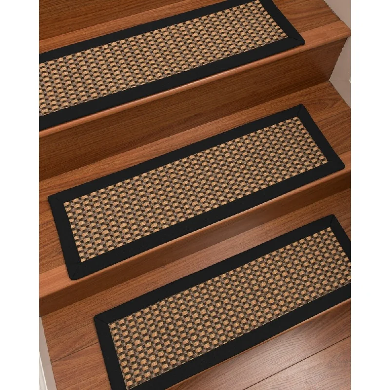 Natural Area Rugs 100% Natural Fiber Seaside, Sisal Tan/Multi, Handmade Custom Stair Treads Carpet Set Of 8 Black Border