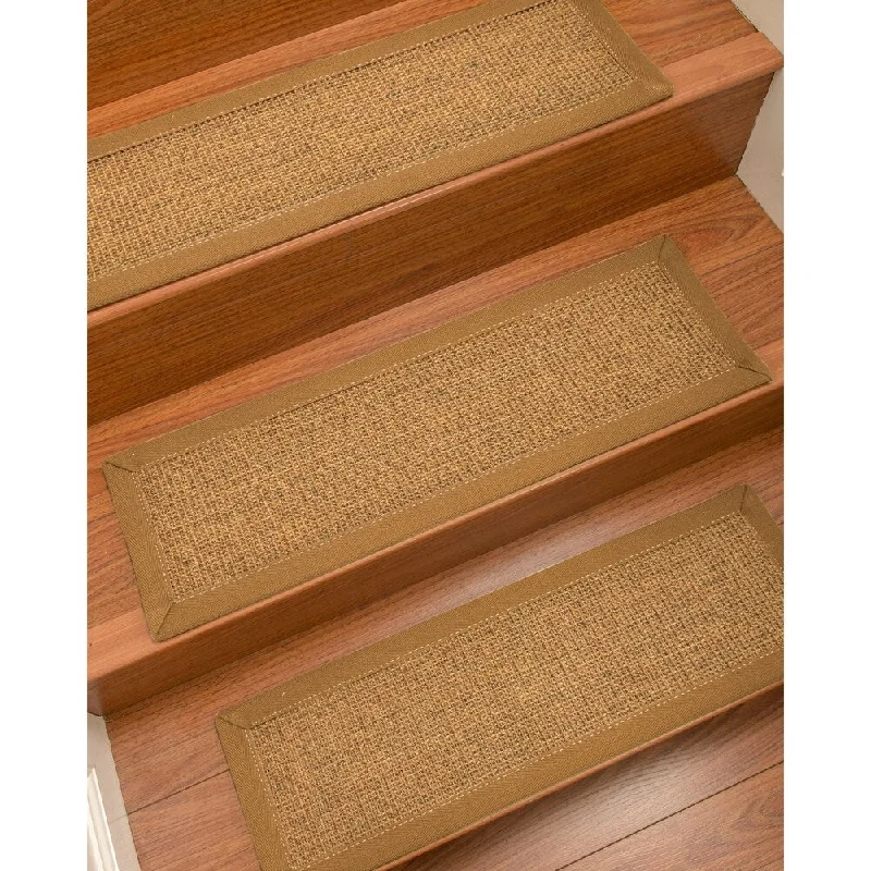 Natural Area Rugs 100% Natural Fiber Sorrento, Sisal Tan/Multi, Handmade Custom Stair Treads Carpet Set Of 8 Khaki Border