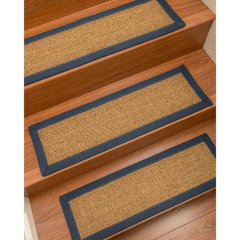 Natural Area Rugs 100% Natural Fiber Sorrento, Sisal Tan/Multi, Handmade Custom Stair Treads Carpet Set Of 8 Marine Border