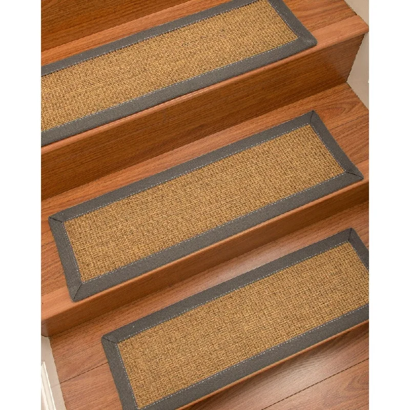 Natural Area Rugs 100% Natural Fiber Sorrento, Sisal Tan/Multi, Handmade Custom Stair Treads Carpet Set Of 8 Stone Border