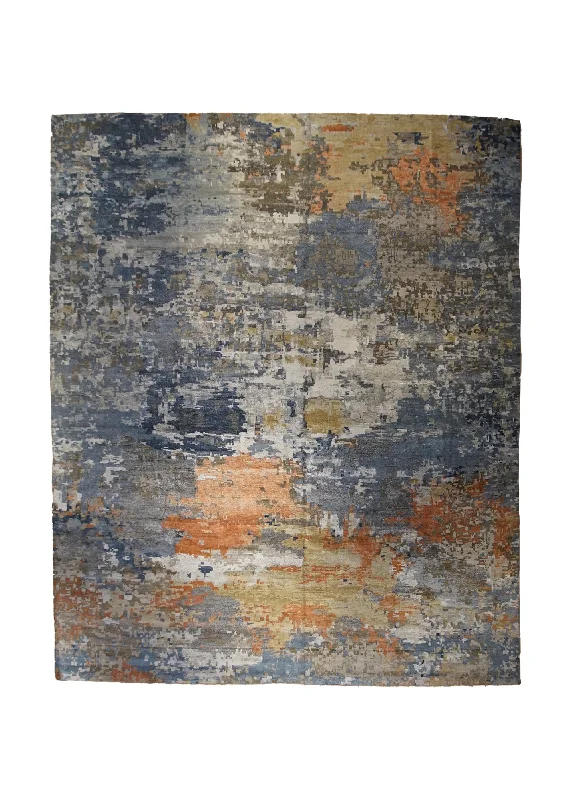 Oriental Rug Indian Handmade Area Modern 12'2"x14'10" (12x15) Blue Gray Orange Abstract Splatter Design #A33149