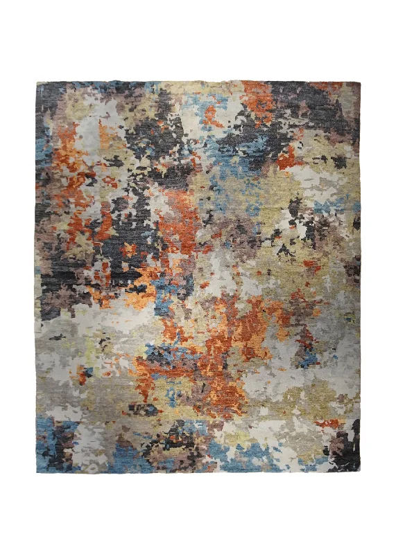 Oriental Rug Indian Handmade Area Modern 12'1"x14'10" (12x15) Multi-color Orange Splatter Abstract Design #A33319