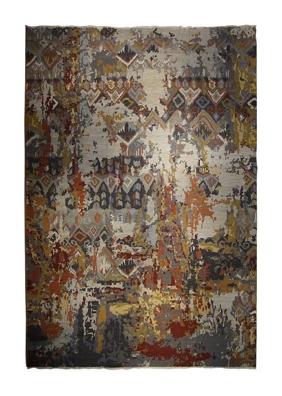 Oriental Rug Indian Handmade Area Modern 11'9"x17'7" (12x18) Whites/Beige Red Yellow/Gold Geometric Erased Abstract Design #A33226