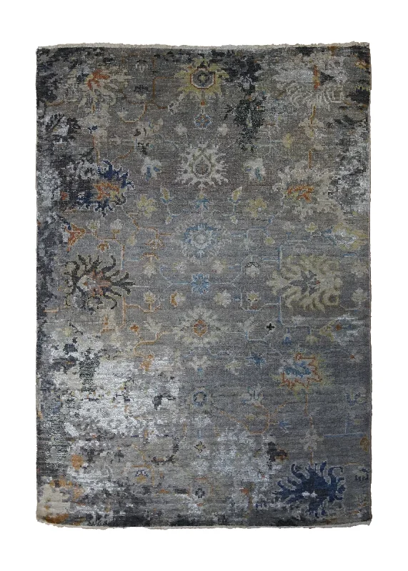 Oriental Rug Indian Handmade Area Modern 4'0"x5'9" (4x6) Gray Floral Oushak Erased Abstract Design #A33173