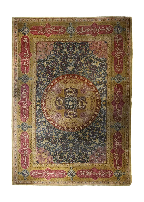 Oriental Rug Indian Handmade Area Traditional Antique 8'10"x12'9" (9x13) Blue Red Pictorial Floral Design #A33144