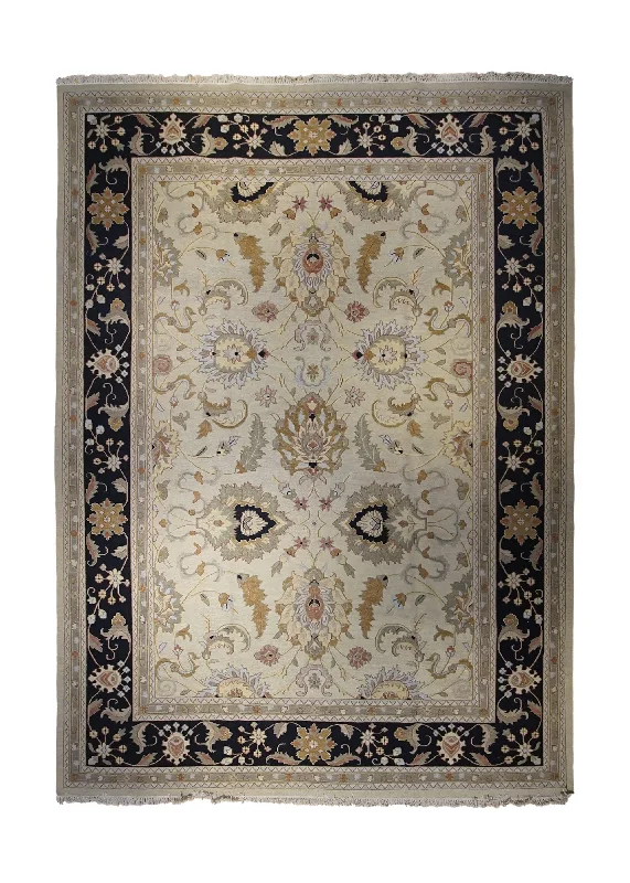 Oriental Rug Indian Handmade Area Transitional 10'0"x14'0" (10x14) Whites/Beige Black Yellow/Gold Floral Oushak Design #A33185