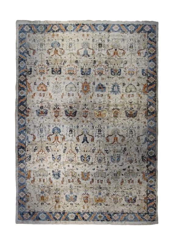 Oriental Rug Indian Handmade Area Transitional 10'2"x14'0" (10x14) Whites/Beige Blue Geometric Oushak Design #A33154