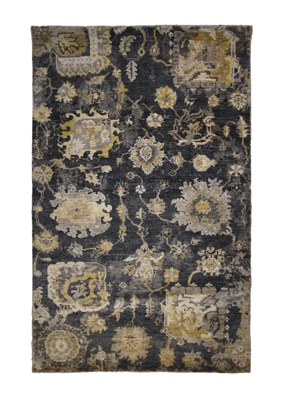 Oriental Rug Indian Handmade Area Transitional 3'0"x5'0" (3x5) Black Gray Yellow/Gold Floral Oushak Design #A33221