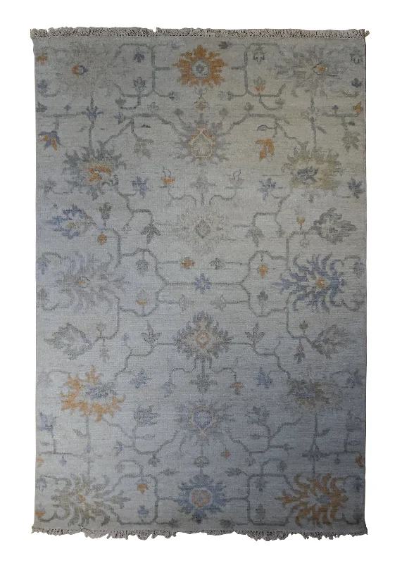 Oriental Rug Indian Handmade Area Transitional 3'11"x5'10" (4x6) Whites/Beige Blue Floral Oushak Design #A33527