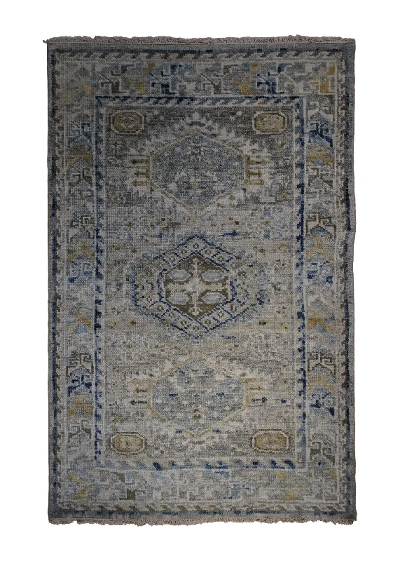 Oriental Rug Indian Handmade Area Transitional Neutral 4'0"x6'0" (4x6) Blue Gray Geometric Kazak Design #A33197