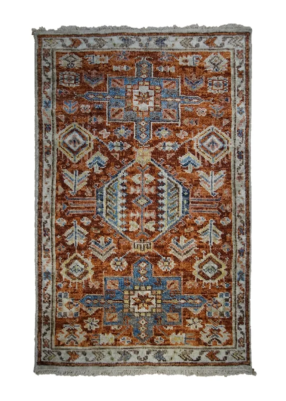 Oriental Rug Indian Handmade Area Transitional Tribal 3'11"x6'0" (4x6) Red Geometric Kazak Design #A33198