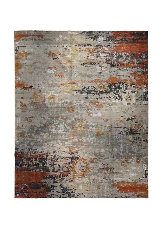 Oriental Rug Indian Handmade Area Modern 11'11"x14'10" (12x15) Whites/Beige Gray Red Erased Oushak Abstract Design #A33151