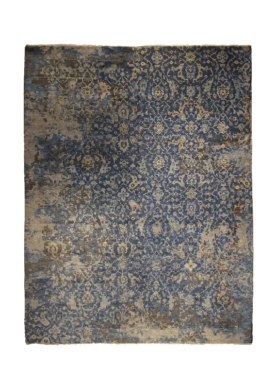 Oriental Rug Indian Handmade Area Modern 8'11"x11'9" (9x12) Blue Gray Yellow/Gold Floral Erased Abstract Design #A33229