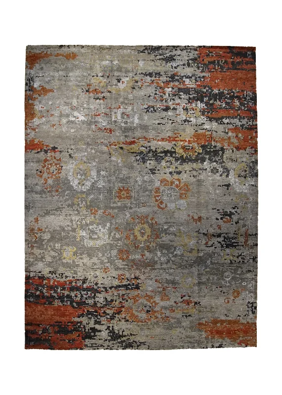 Oriental Rug Indian Handmade Area Modern 9'0"x11'9" (9x12) Gray Red Erased Abstract Design #A33182