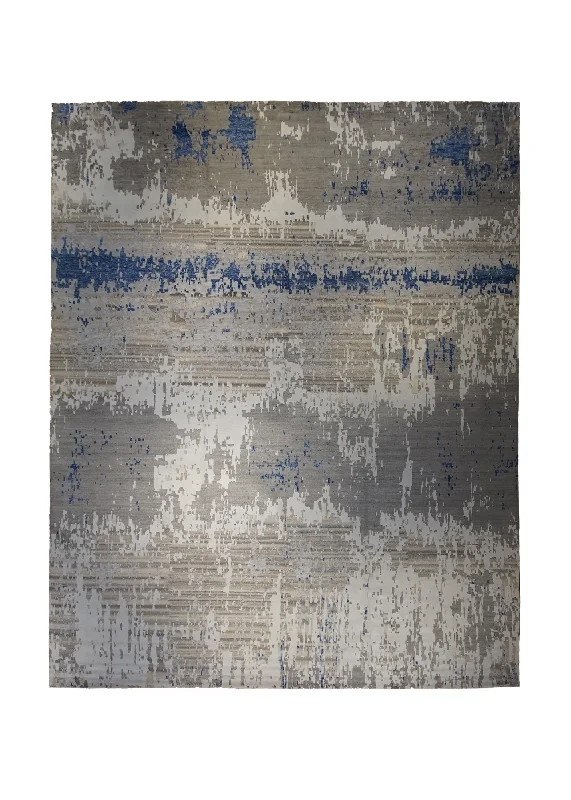 Oriental Rug Indian Handmade Area Modern Neutral 11'10"x14'10" (12x15) Whites/Beige Blue Gray Abstract Splatter Design #A33492