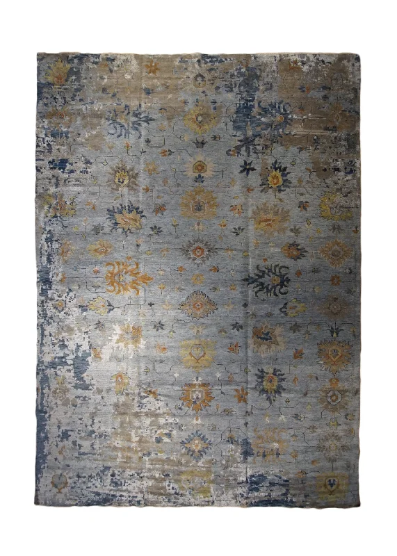 Oriental Rug Indian Handmade Area Transitional 10'0"x13'10" (10x14) Blue Yellow/Gold Floral Oushak Erased Abstract Design #A33155