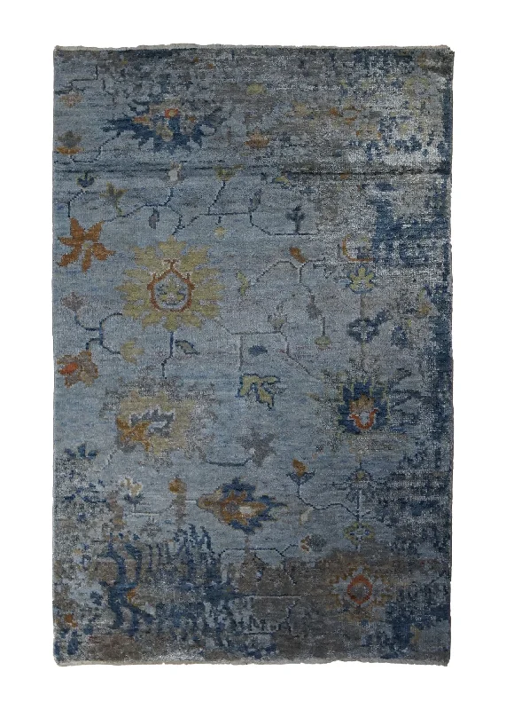 Oriental Rug Indian Handmade Area Transitional 3'0"x4'11" (3x5) Blue Yellow/Gold Floral Erased Abstract Design #A33176