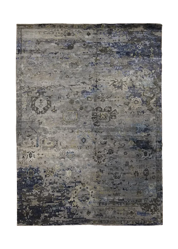 Oriental Rug Indian Handmade Area Transitional 6'2"x8'9" (6x9) Gray Whites/Beige Erased Abstract Design #A33183