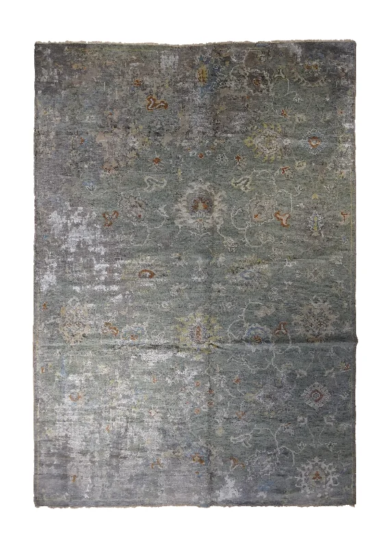 Oriental Rug Indian Handmade Area Transitional 6'0"x8'10" (6x9) Green Gray Floral Oushak Erased Abstract Design #A33174