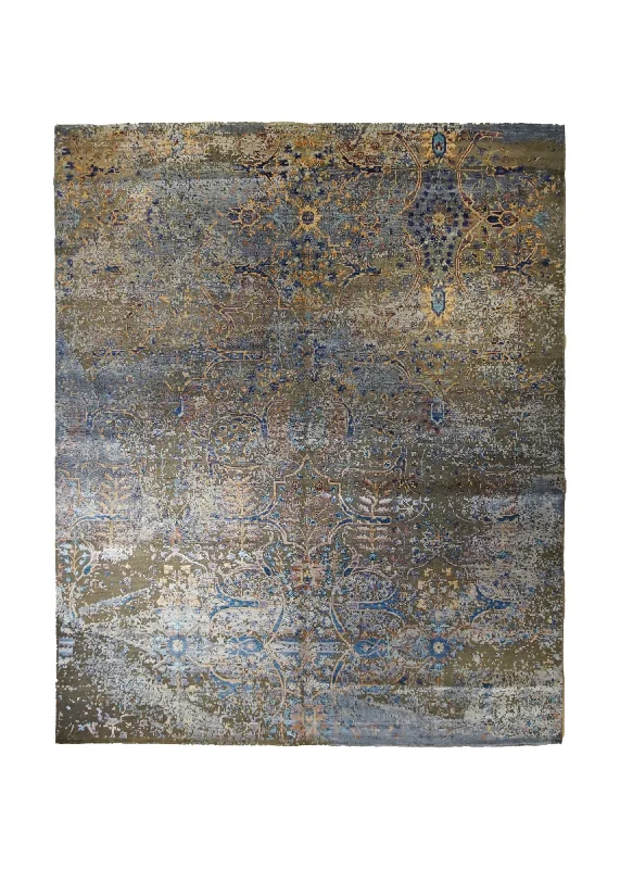 Oriental Rug Indian Handmade Area Transitional Modern 8'2"x9'10" (8x10) Whites/Beige Blue Yellow/Gold Erased Abstract Design #A33125