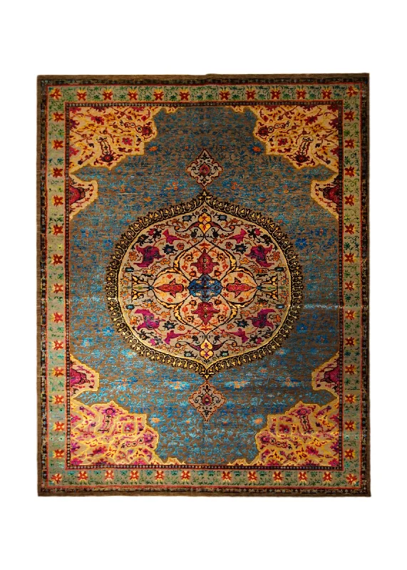 Oriental Rug Indian Handmade Area Transitional 7'10"x10'0" (8x10) Brown Blue Floral Design #A33124