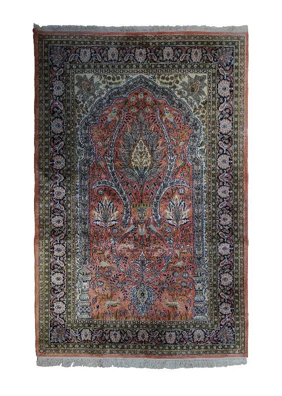 Oriental Rug Kashmiri Handmade Area Traditional 4'1"x5'11" (4x6) Pink Green Tree of Life Design #A33322