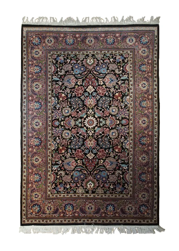 Oriental Rug Pakistani Handmade Area Traditional 4'7"x7'1" (5x7) Black Pink Floral Design #A33531