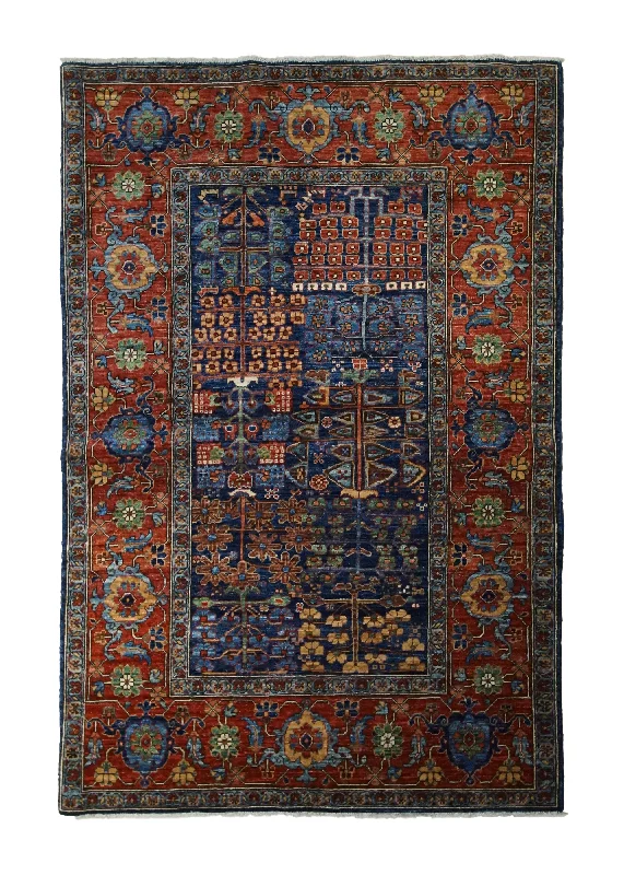 Oriental Rug Pakistani Handmade Area Transitional 4'1"x6'3" (4x6) Blue Red Tree of Life Geometric Design #A33210