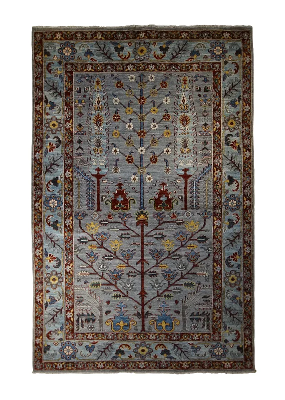 Oriental Rug Pakistani Handmade Area Transitional 5'2"x7'11" (5x8) Gray Blue Red Ariana Tree of Life Bakhshayesh Design #A33207