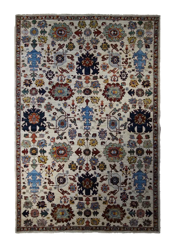 Oriental Rug Pakistani Handmade Area Transitional Tribal 5'1"x7'10" (5x8) Whites/Beige Geometric Serapi Design #A33212