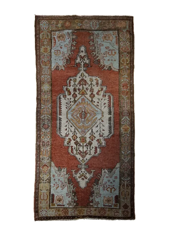 Oriental Rug Turkish Handmade Area Tribal 3'11"x8'2" (4x8) Red Whites/Beige Oushak Geometric Design #A33549