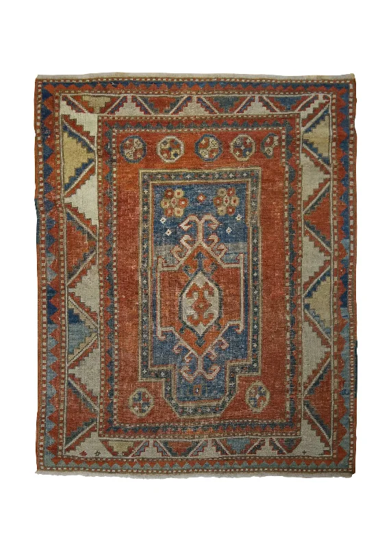 Oriental Rug Turkish Handmade Area Tribal Antique 3'1"x3'10" (3x4) Red Geometric Design #A33342