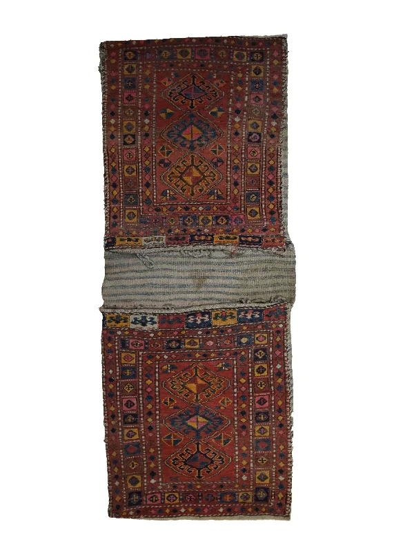 Persian Rug Azerbaijan Handmade Saddle Tribal 1'10"x4'10" (2x5) Red Blue Saddle Bag Geometric Design #A33505