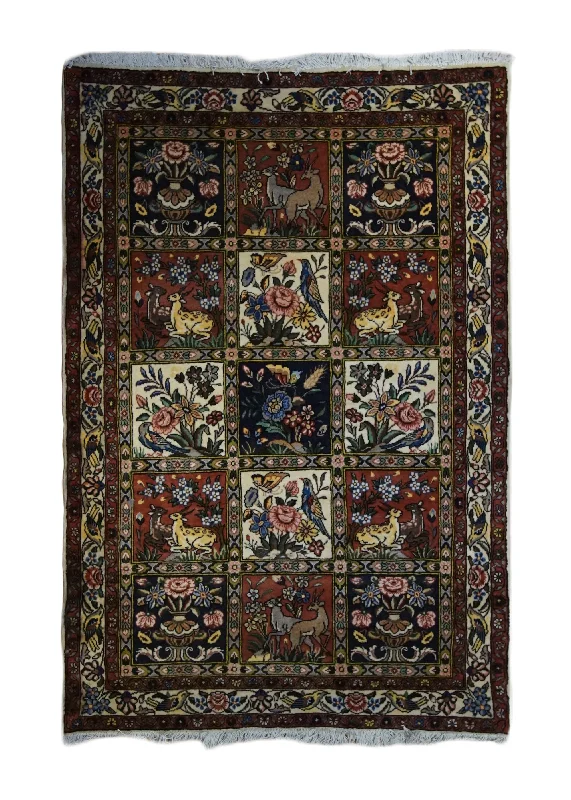 Persian Rug Bakhtiari Handmade Area Tribal 3'6"x5'2" (4x5) Multi-color Red Garden Animals Design #A33256